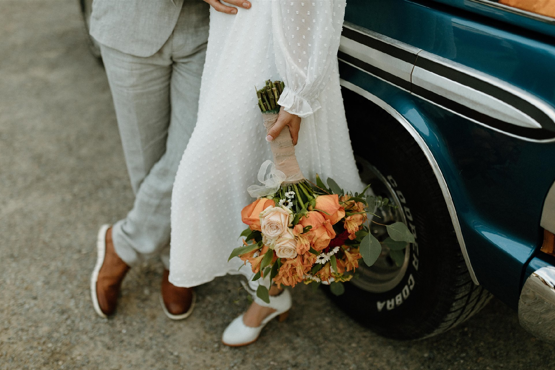 A bride and groom standing next to each other.