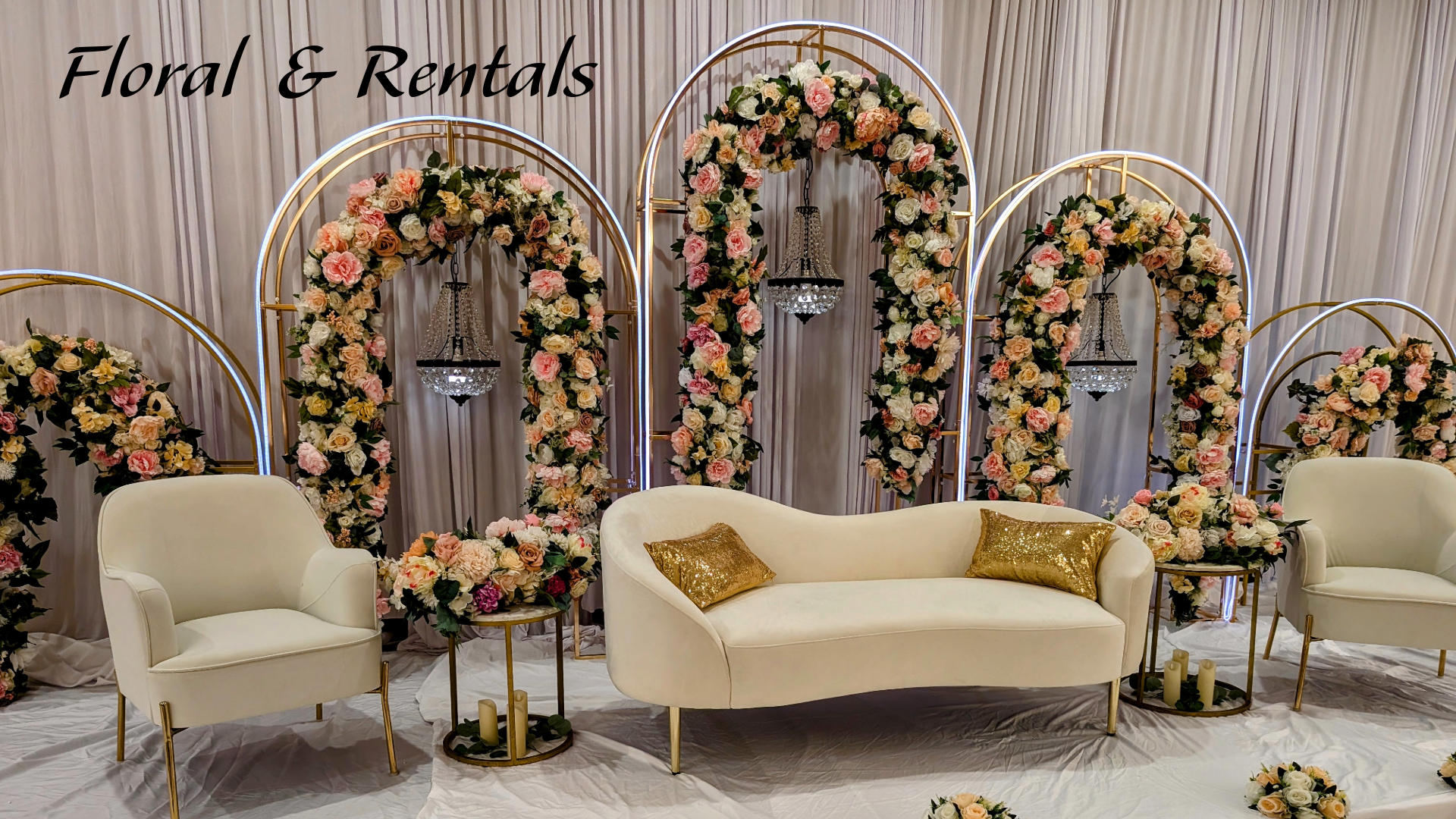 A room with flowers and furniture in it